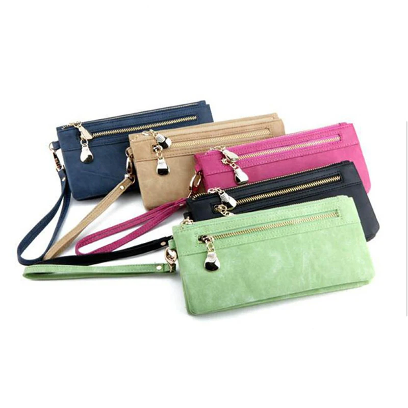 

Women Wallets Double Zipper Day Clutch Wristlet Portefeuille Billetera Mujer Dull Polish Leather Wallets Carteira