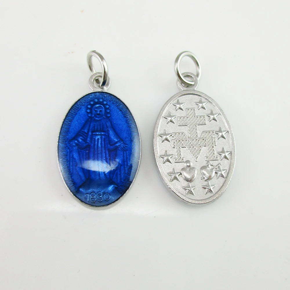 100pcs of Silver Plated Blue Enameled Lady of Miracles Miraculous Medal Rosary Pendants