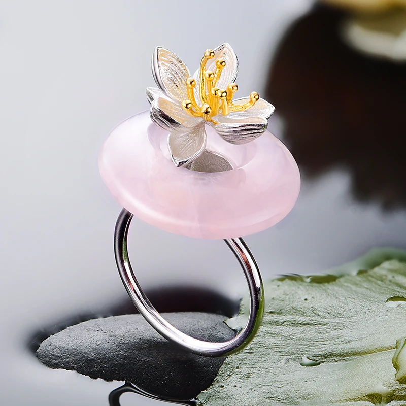 Lotus Fun Real 925 Sterling Silver Natural Green Pink Stone Creative Handmade Fine Jewelry Lotus Whispers Ring for Women Brincos