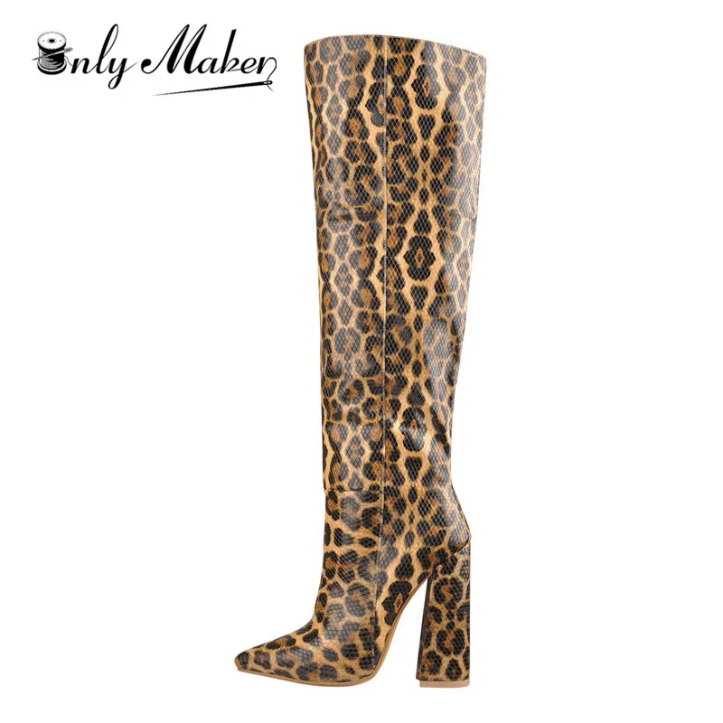 Onlymaker Women 10CM High Heels Knee High Boots Zip Chunky Leopard Block Heel  Dress Party Pull On Thick Winter Boots