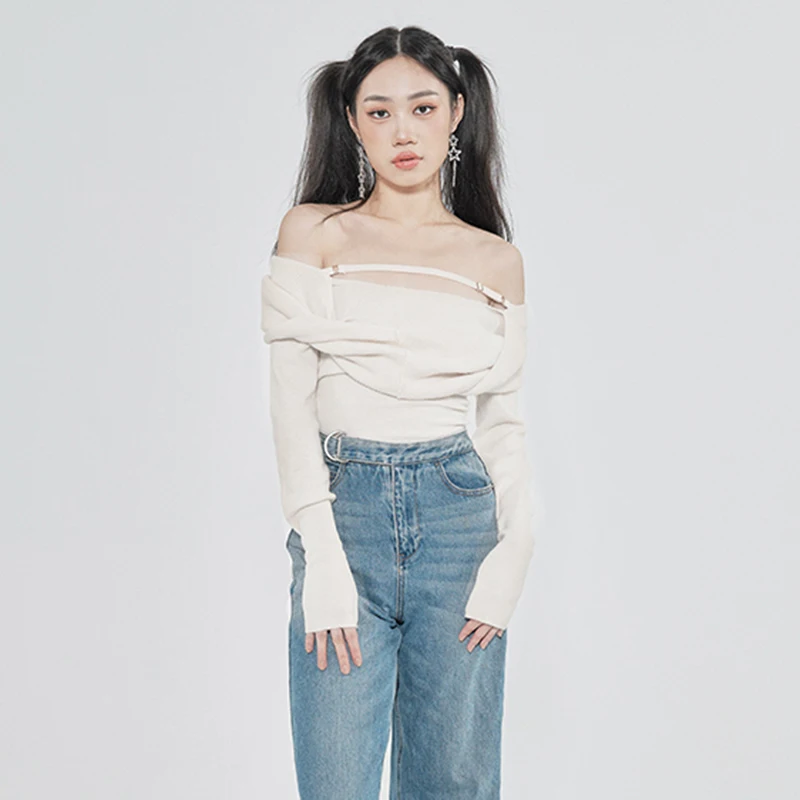 VGH Solid Sexy Sweater For Women Slash Neck Long Sleeve Cut Out Slim Knitting Pullover Female Korean Fashion Clothing 2024 Style