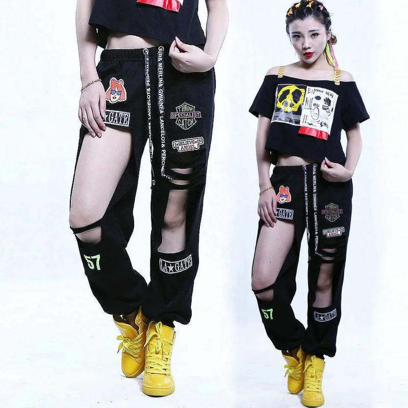 Jazz Dance Costumes Kids Fashion Cute Hole Pants Girls Hip Hop Clothing Women Stage Rave Outfit Trousers Street Dancewear DT1070