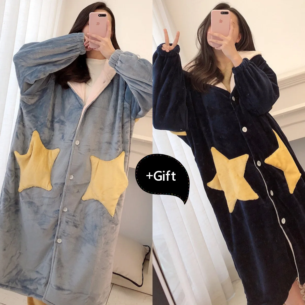 

Womne Flannel Pajamas Bath Robe Sleepwear Star Robe Bathrobe Sexy Thick Warm Female Robe Dressing Gowns Nightgown Pajamas