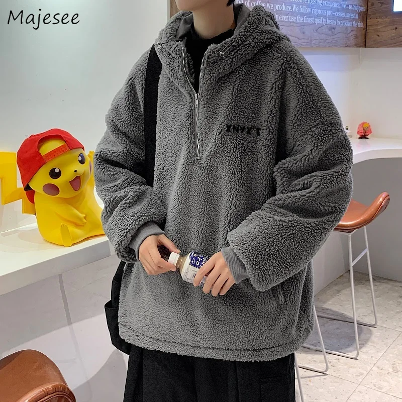 

Men Lambswool Jackets Hooded Coats Autumn Winter Letter Embroidery Warm Couple Vintage Loose Outwear Fashion BF Plush Jacket New