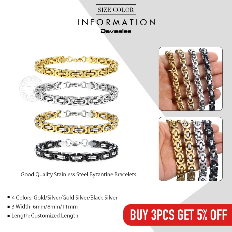 Davieslee Byzantine Chain Bracelet for Men Gold Black Silver Color Stainless Steel Mens Bracelets Jewelry 6/8/11mm LKBM31