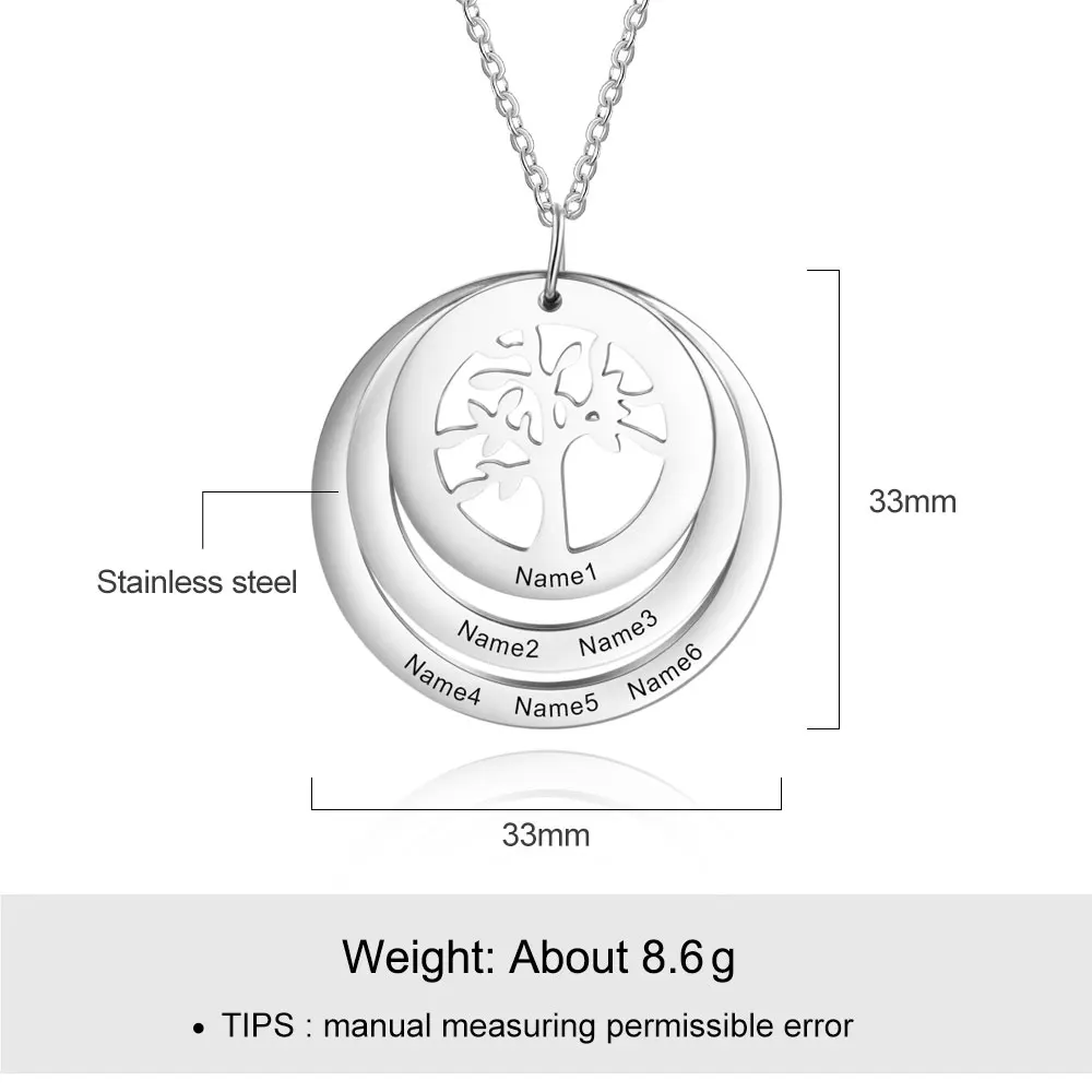 JewelOra Personalized 6 Names Engraving Tree of Life Pendant Necklace Customized Stainless Steel Round Pendants for Women Gifts