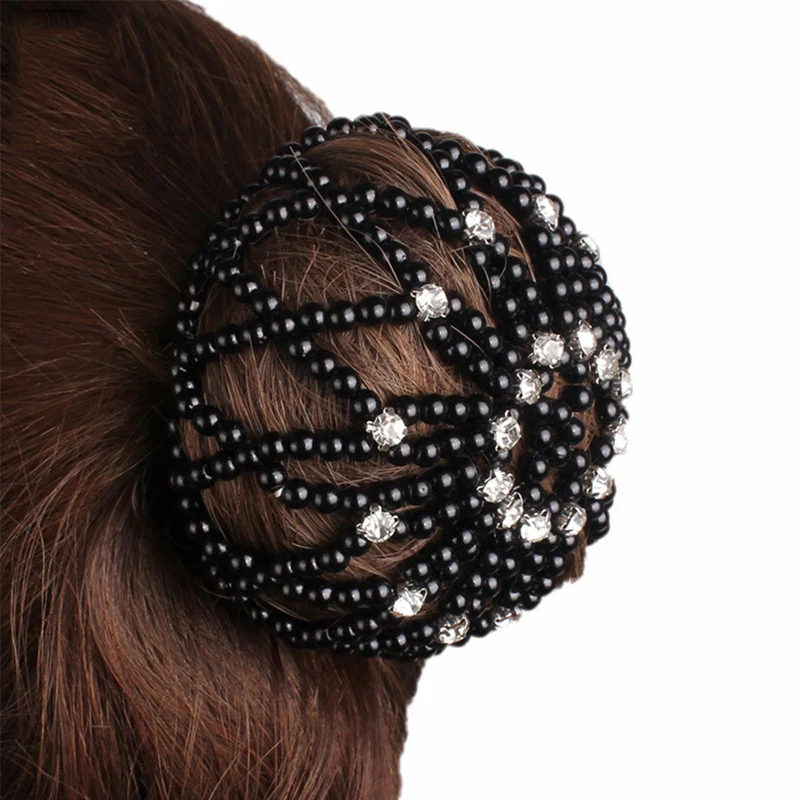 Crystal Hair Bun Covers Pearl Elastic Hair Net Ornament Crochet Handmade Hair Snood Ballet Dancing Snood Net Hair Accessories