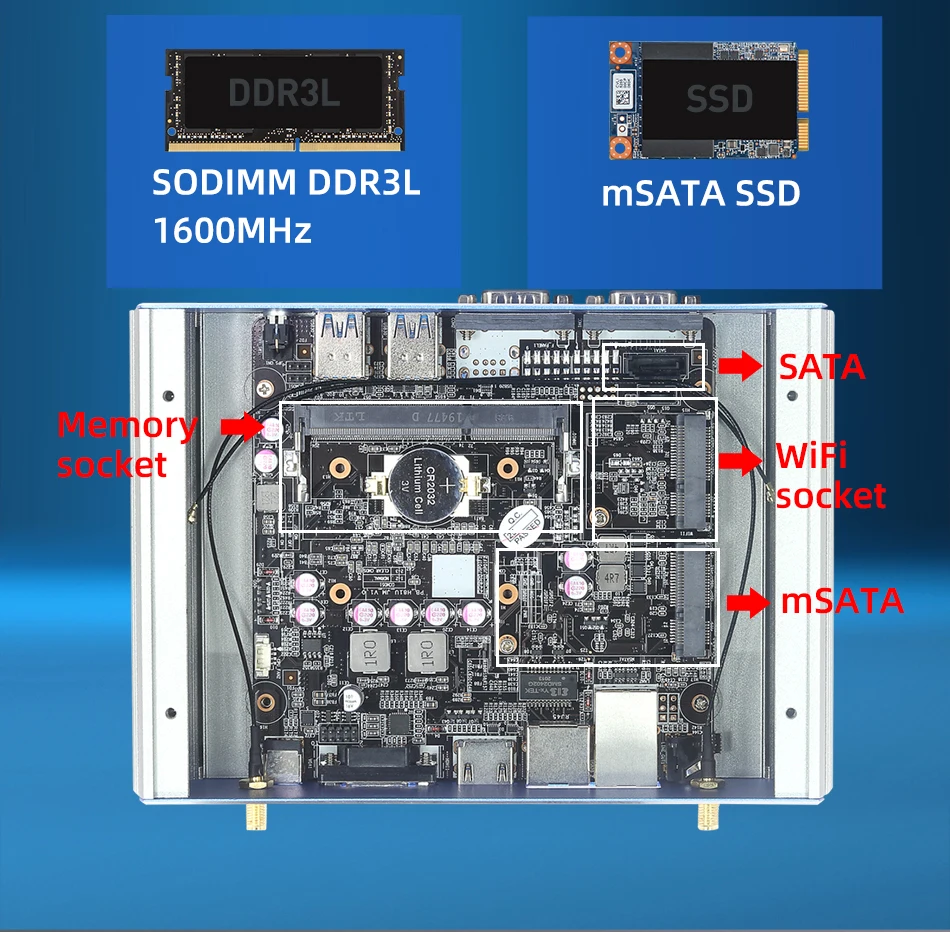 XCY 팬리스 산업용 미니 PC, 인텔 코어 i7-4500U, 2x RS-232 직렬 포트, 듀얼 GbE LAN, 4x USB 지원, 와이파이 윈도우 리눅스 썸네일 6