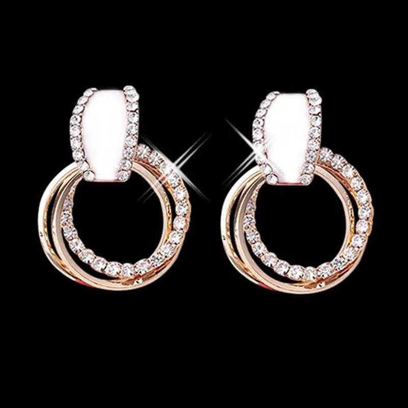 Silver Needle Stud Earrings for Women Jewelry Round Hoop Rhinestone Rose Gold Female Elegant Party Earrings