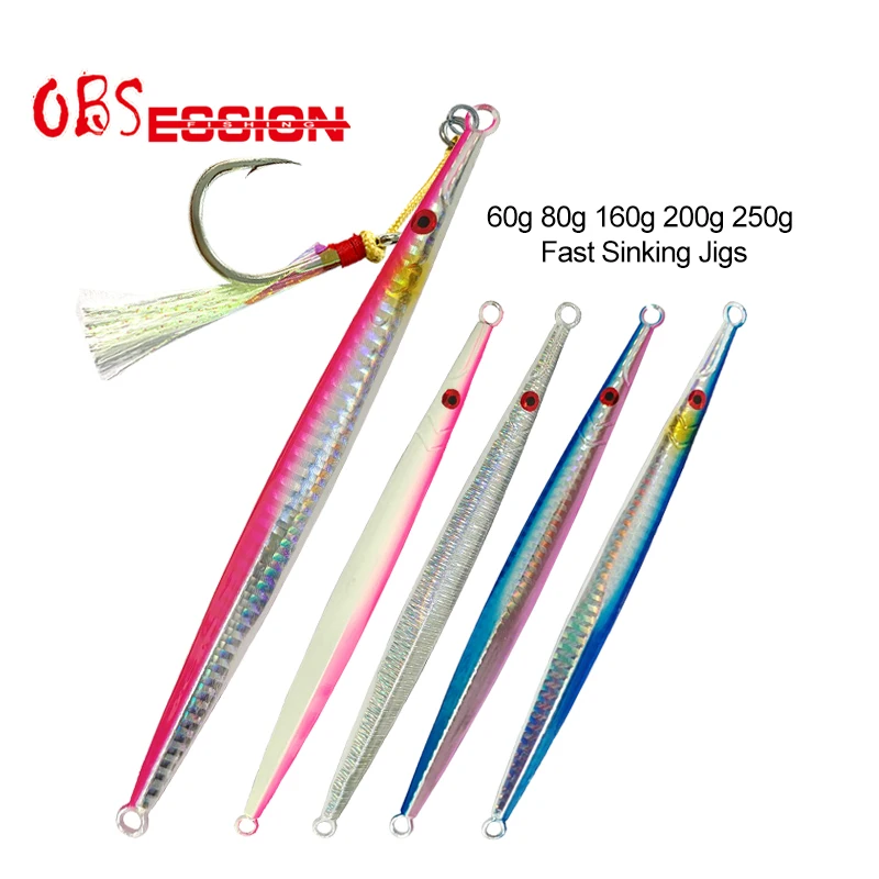 OBSESSION 60g-300g Artificial Hard Metal Jig Lure Fishing Fast Sinking Jig Lure Saltwater Needle Pencil Bait With Assist Hook