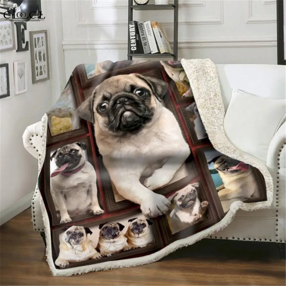 

HXCute Pug Dog Throw Blanket 3D Graphic Animals Pets Photo Frame Splicing Double Layer Blanket Keep Warm Plush Quilts