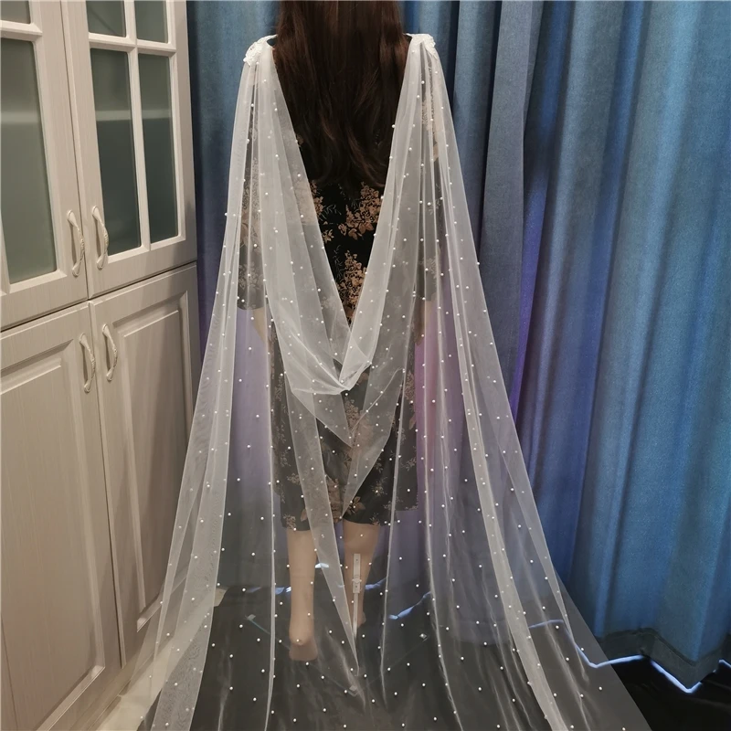 Real Photos Pearls Tulle Bridal Wraps Cape Veils White Ivory Bolero Shrugs for Brides Cathedral Long Wedding Accessories 3 Metre