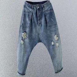Baggy Denim Cross-Pants Women New BF Style Cowboy Harem pants Female Loose Low drop Crotch Ripped Jeans streetwear q418