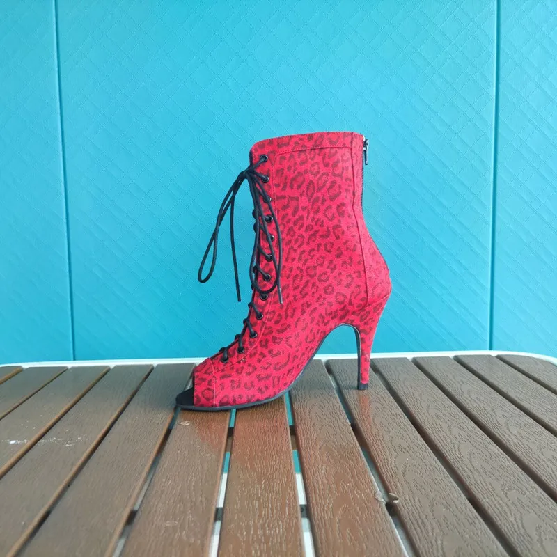 Women Latin Dance Boot Red Leopard Bachata Salsa Dancing Shoes 10cm Woman Latin Ballroom Party Dance shoe DIY Girls Sandal Shoes