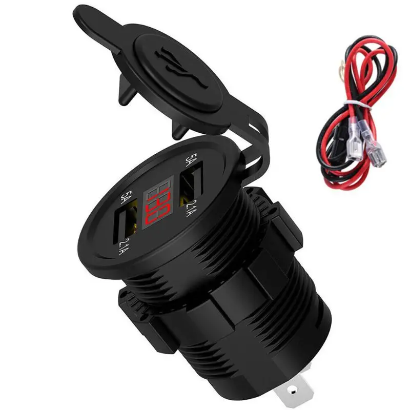 5V 2.1A Waterproof Dual Ports USB Socket Adapter Power Outlet with Display Voltmeter for 12-24V Car Boat