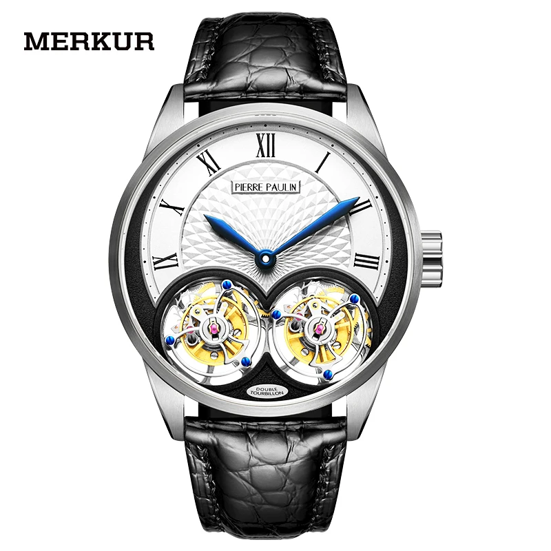 MERKUR genuine Double Tourbillon Manual Mechanical Watch Men\'s Luxury Formal Business Men\'s A Certified Millionaire Watch