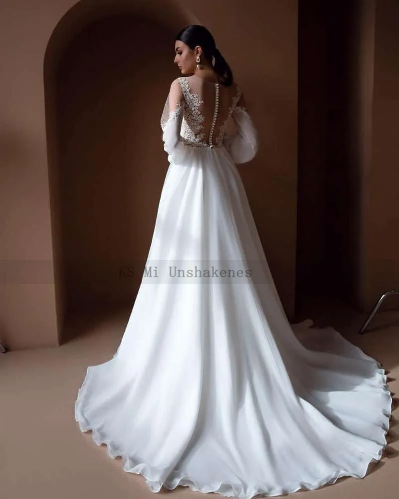 Elegant Chiffon Wedding Dresses Cheap Vestido de Casamento 2021 Puff Long Sleeve Wedding Gowns Lace Boho Bridal Dress A Line