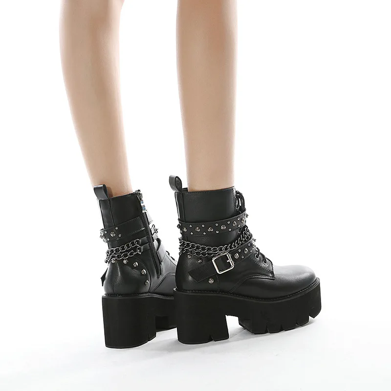 2024 Gothic Black Ankle Boots For Women Plus High Heel Female Shoes Lace-Up Nigh Club Black Sexy Rivets Chain Short Boots image 3