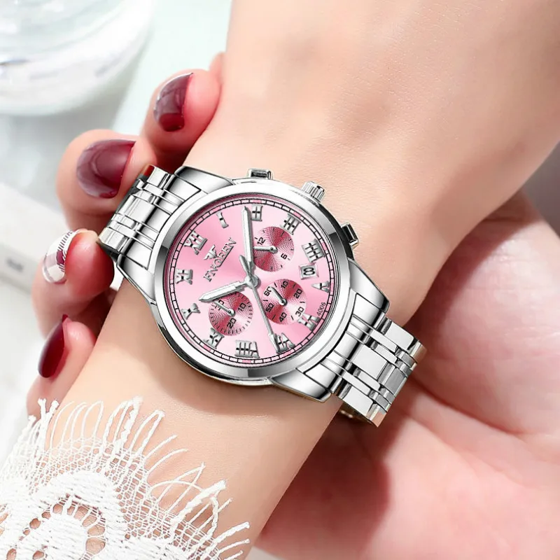 Stainless steel Women Watch Luxury Fashion Round Shape Quartz Stainless Steel Folding Strap Ladies Waterproof Date Wrist Watches