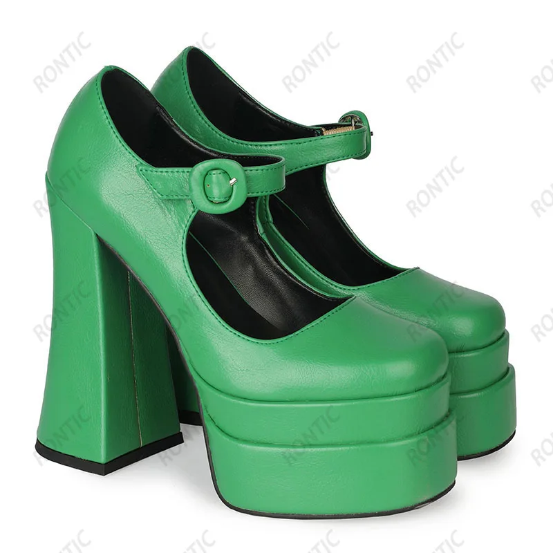 Rontic Handmade Women Marry Janes Pumps Chunky Heels Square Toe Gorgeous Black Blue Green Orange Party Shoes Women Size 34-45