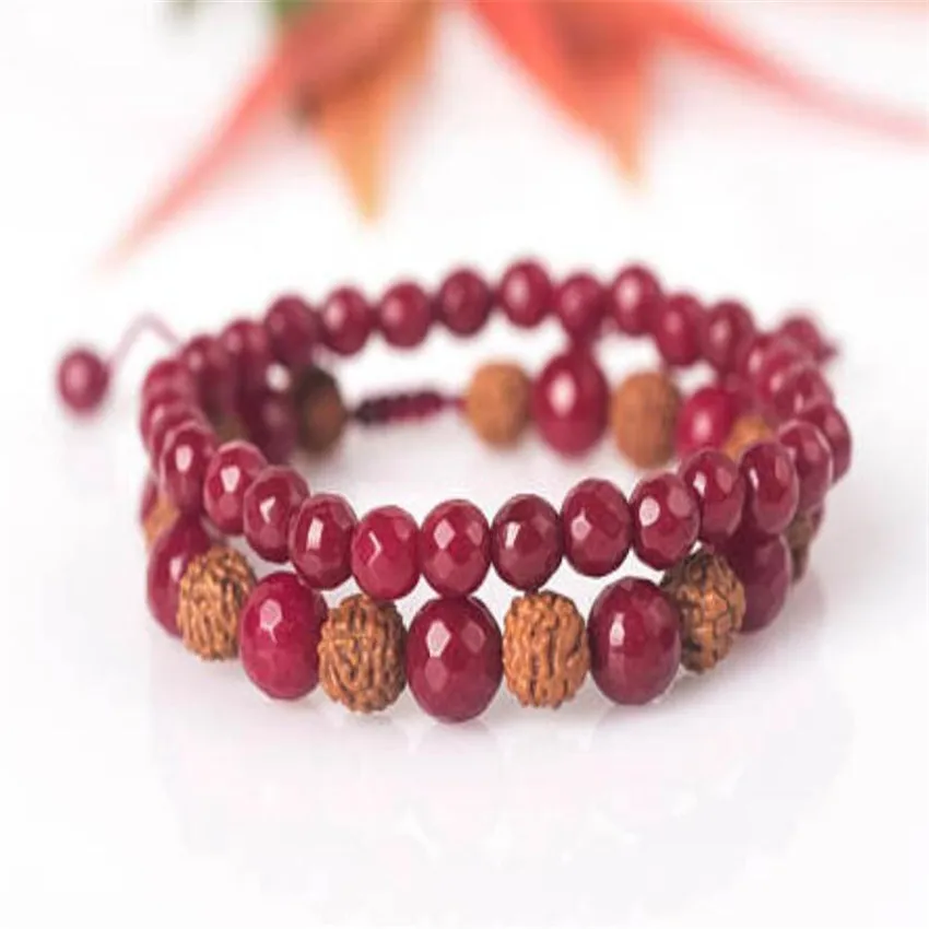 8mm Red Gemstone Rudraksha Mala Bracelet Adjustable Chakras Lucky Energy Stretchy Sutra Cuff Tibet silver Handmade Men