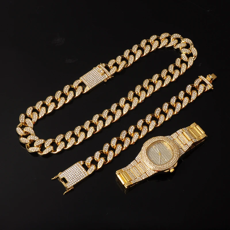 1 Set Miami Cuban Chain Necklace +Bracelet +Watch Iced Out Paved Rhinestones CZ Bling Rapper Necklaces For Men Hip Hop Jewelry