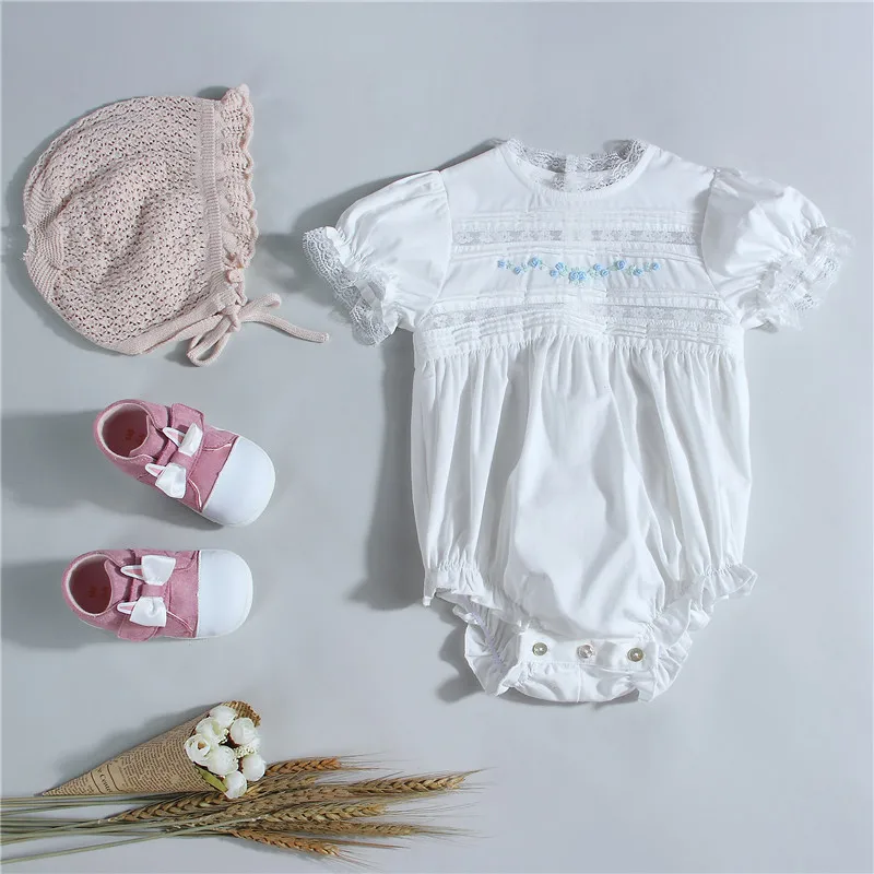 Boutique Romper Branco Do Bebê Menina, Feita À Mão, Flor Bordada, Macacão De Algodão, Macacão De Batismo Recém-nascido, Batizado Roupas Espanholas