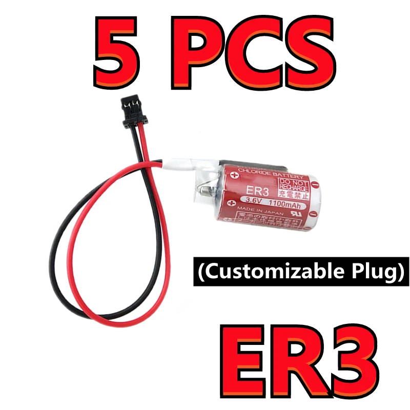 

5PCS Original ER3 3.6V 1100MAH Horned PLC Lithium Thionyl Chloride Battery With Black Connectors (Customizable Plug)