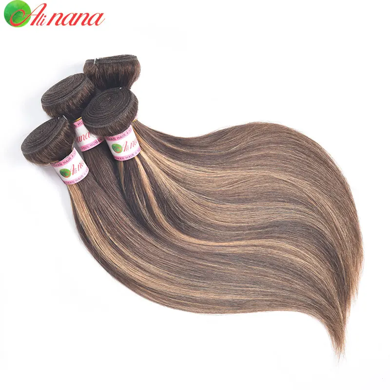 Fasci di capelli umani lisci con osso peruviano Alinana Ombre P4/30 marrone con fasci di tessuto per capelli Remy di colore illuminante 4 pezzi/lottp