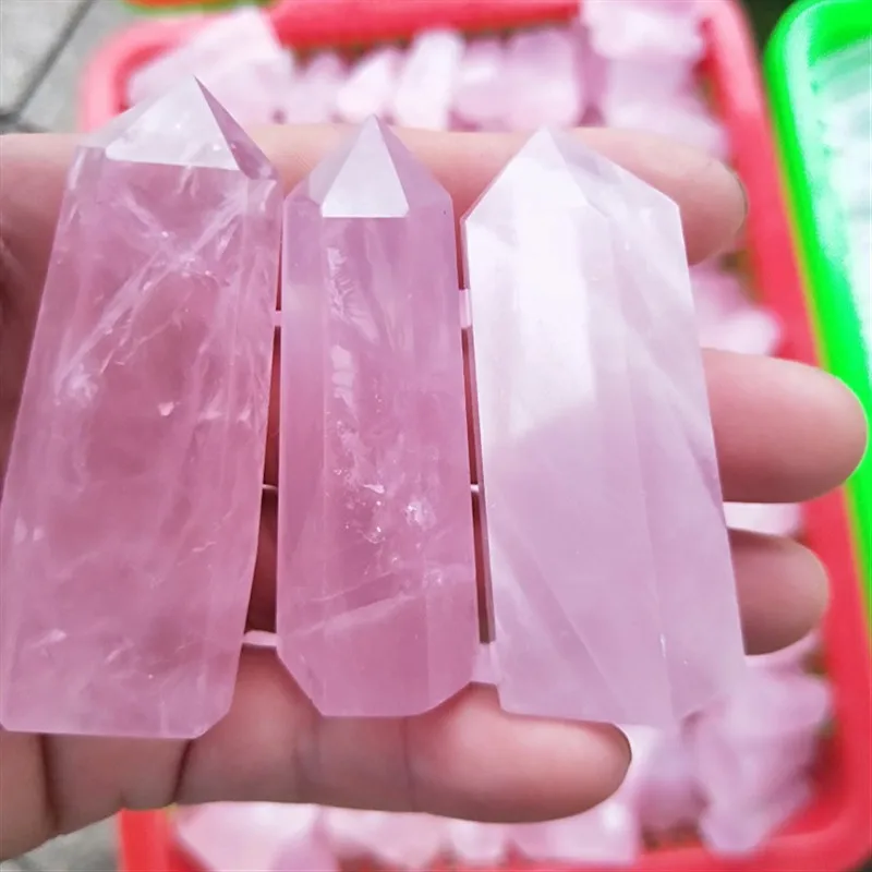 

Natural Rock Pink Rose Quartz Crystal Wand Point Healing Mineral Stone Collection DIY Home Decor Hexagonal Treatment Stones