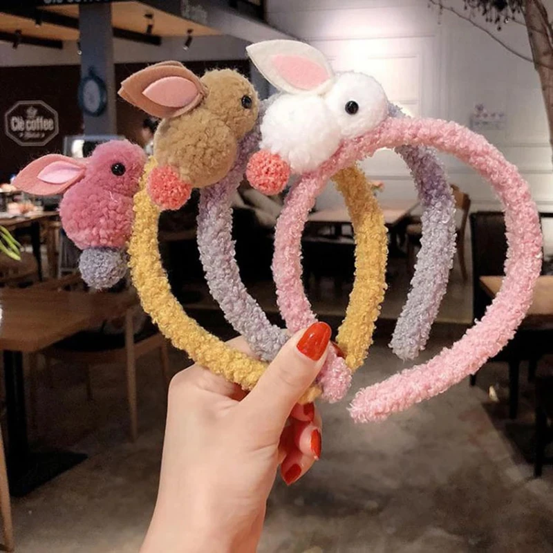 

Winter Wool Cute Rabbit Headbands For Women Terry Plush Hairbands Scrunchies Korean Kawaii Hair Clip Pins Girls Hair Accessories