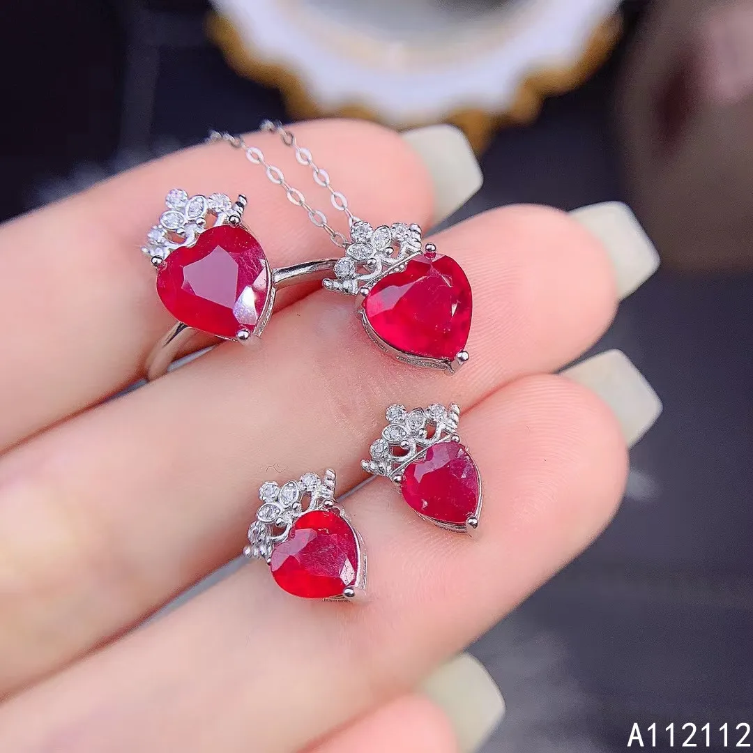 

Fine Jewelry 925 Pure Silver Inset With Natural Gemstone Women's Popular Trendy Heart Ruby Pendant Ring Earring Set Support Dete