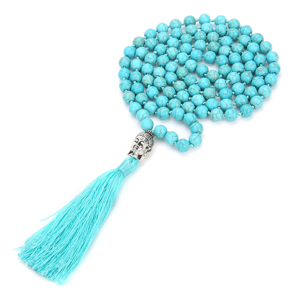 6/8mm Blue Turquoise Beads Knotted 108 Japa Mala Necklace Meditation Yoga Praying Tibetan Tassel Buddha Head Rosary Jewelry