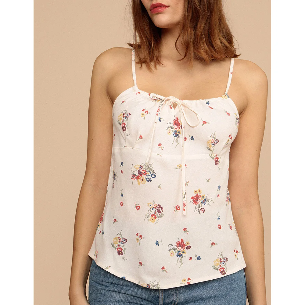 Beach Style Summer Tops For Women 2021 Fashion Vintage Floral Print Spaghetti Strap Top Tie Up Neck Sleeveless Casual Cami Top