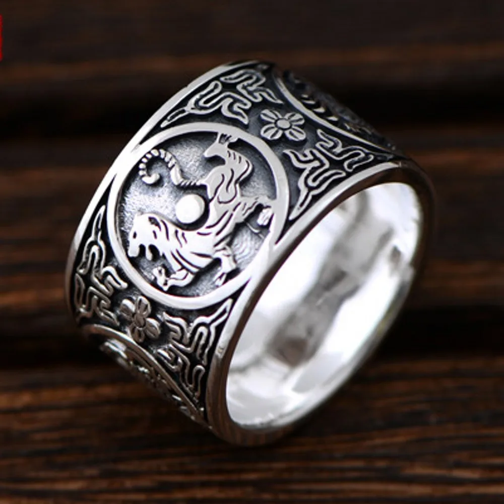 

New solid s999 pure silver four great beast man silver creative personality domineering, evil spirits good luck ring for man