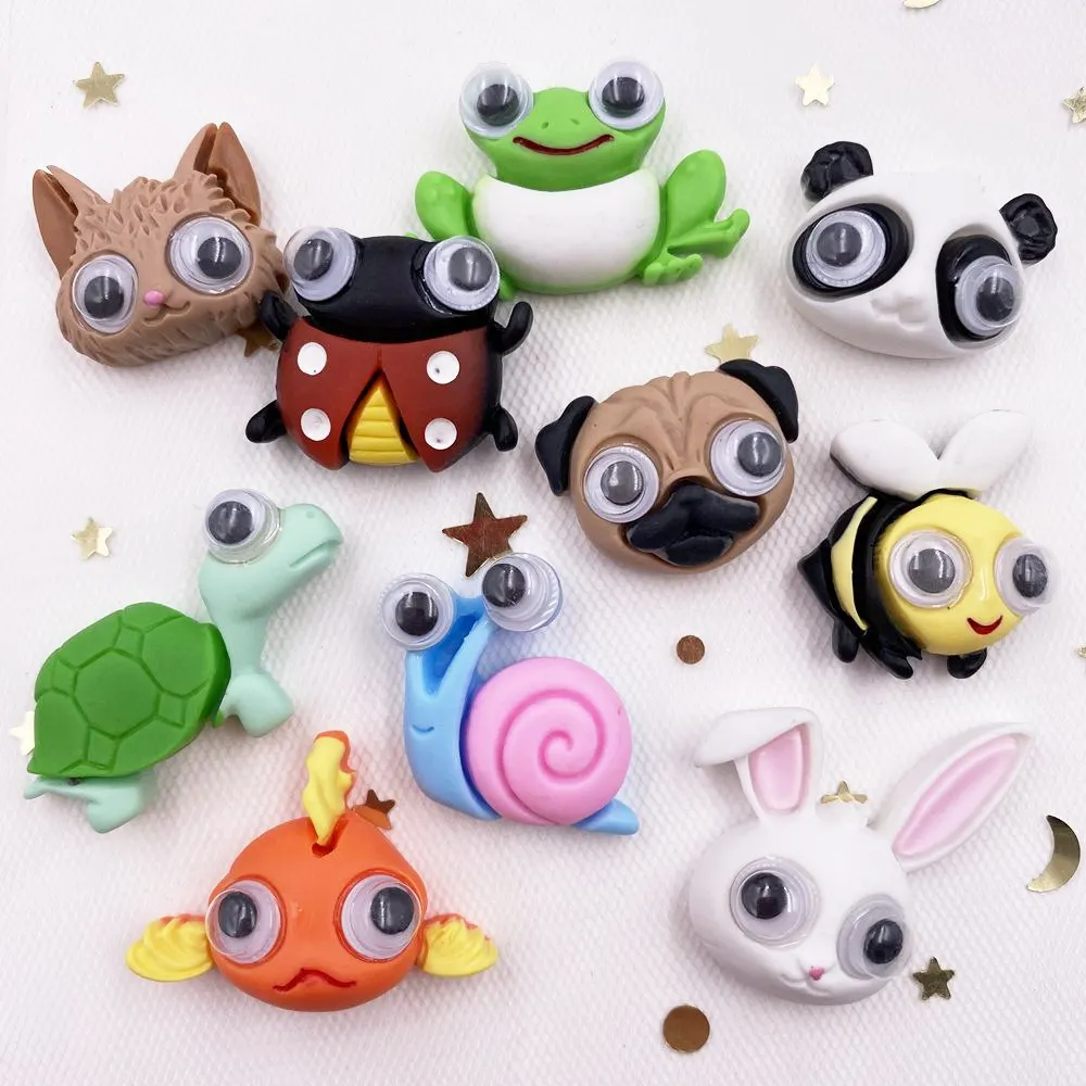 10PCS  Kawaii Hand Painting Moving Eyes Animal Figurines Flatback Cabochon Stone Applique Home Craft DIY Scrapbook Ornament OG65