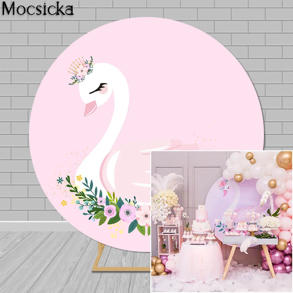 

White Swan Pink Round Backdrop Girl 1st Birthday Baby Shower Photography Background Circle Cake Table Flowers Floral Decoration