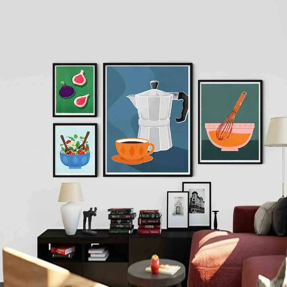 Coffee Colorful Cups Passion Fruit Kitchen Prints Poster Vegetable Salad Canvas Paintings Wall Art Pictures Living Room Home