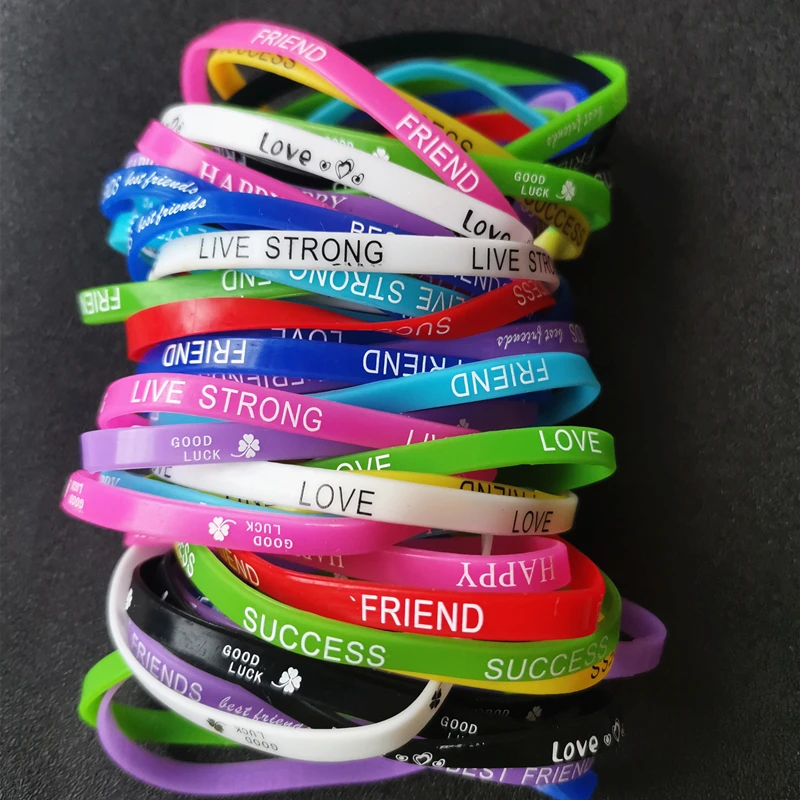 50pcs/lot Bulk Wholesale Fashion Multicolor Silicone Bracelet For Women Rubber Wristband Mix Style Love Friend Elastic Bangle