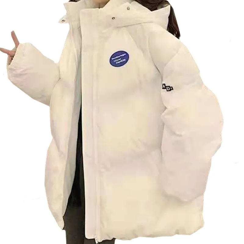 

New Arrival Extremely Cold Winter Korean Casual Women Coat Harajuku Simple Letter Badge Keep Warm White Cotton Clothes Female