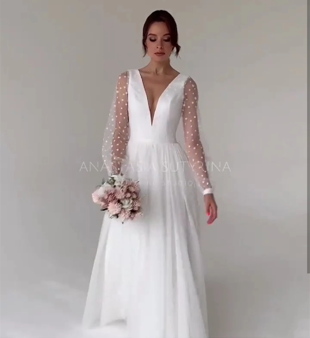 Long Sleeve Wedding Dress Sexy Deep V-Neck Floor Length Point Net Bridal Gowns Tulle White For Women Elegant Uniqune Robe De Mar