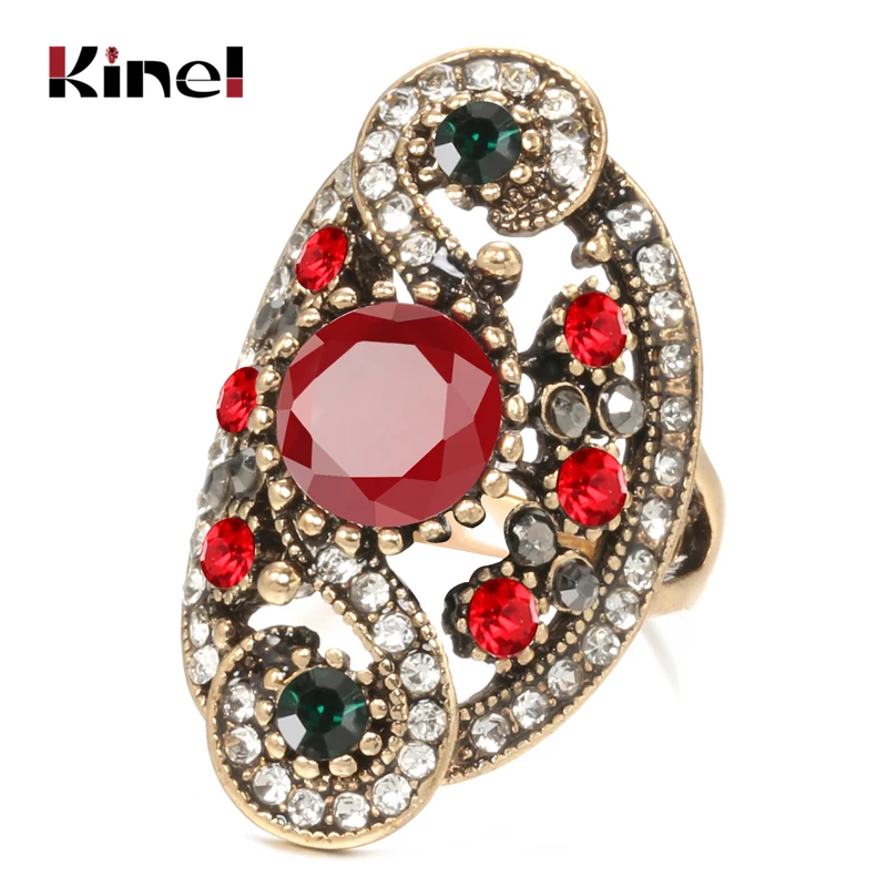 Kinel Hot Fashion Ring Turkish Jewelry Antique Gold Color Red Resin Wedding Rings For Women Best Friend\'s Gift 2020 New