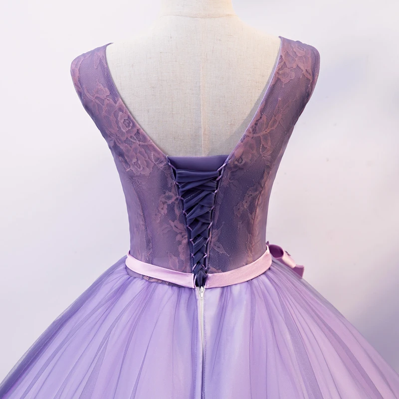 AnXin SH princess purple lace o neck beading crystal rose flower pink bow sleeveless ball gown illusion customized evening dress
