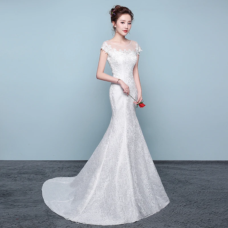 AnXin SH prinzessin braut weiß spitze meerjungfrau hochzeit kleid vintage o neck illusion türkei blume weiß trompete hochzeit kleid