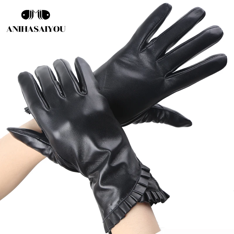 Fashion Black sheepskin women\'s gloves,Thicken women\'s winter gloves,Keep warm women\'s leather gloves-7027