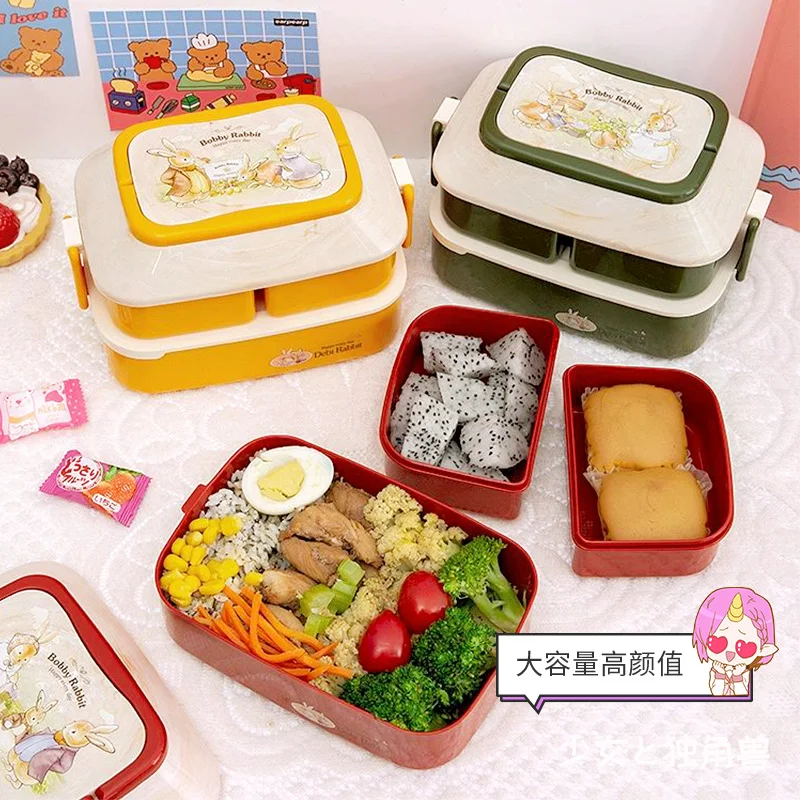 Kawaii Microwave Lunch Box Student Office Bento Big Capacity Food Storage Box With Independent Box Cutlery Travel Picnic WY259