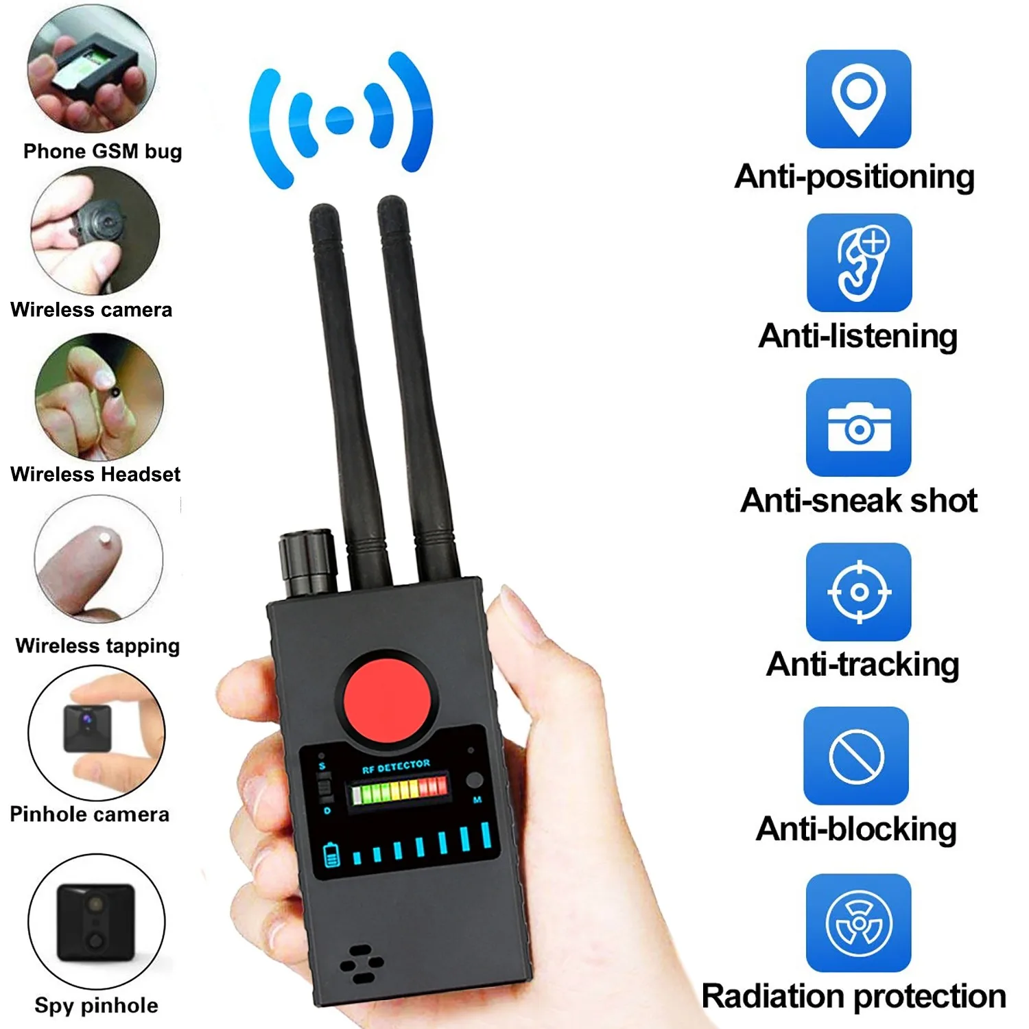 

Professional Pinhole Spy-Camera Lens Finder RF Radio Signal Finder Scanner WiFi Camera GSM Audio Bug Device GPS Tracker Detector