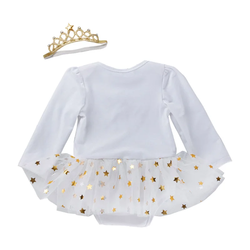 Golden Shiny Star Mesh Dress for Baby Girls First Birthday Crown White Cotton Gown Costume Toddler Girl 1 Years Princess Outfits