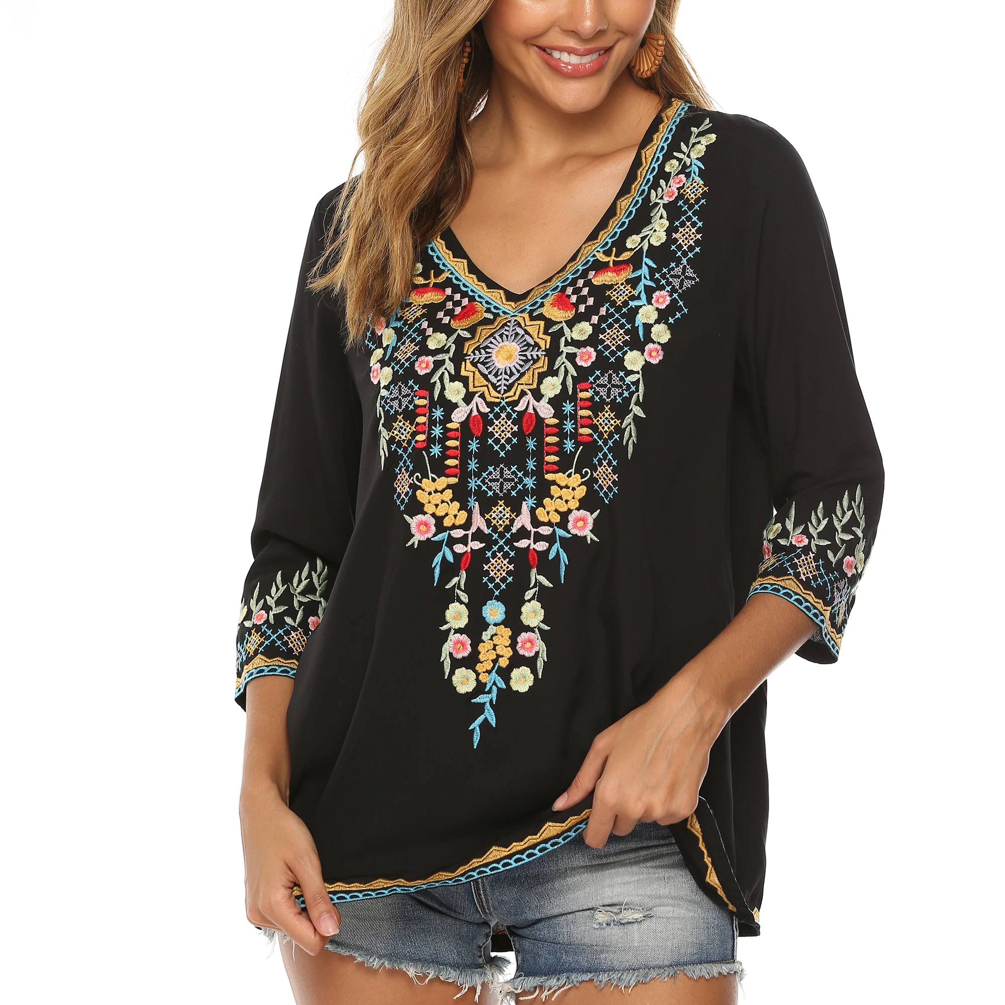 Bohemian Floral Embroidered Boho Blouse for Women, Loose V-Neck Tops, Casual Shirt, Mexican Peasant Shirts, 3/4 Sleeve