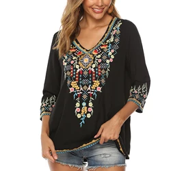 Blusa Bohemia bordada floral Bohemia para mujer, tops sueltos con cuello en V, camisa informal, camisas campesinas mexicanas, manga 3/4